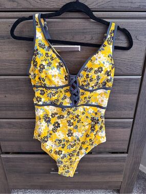 Adore Me Yellow Floral Lace-Up One-Piece Swimsuit